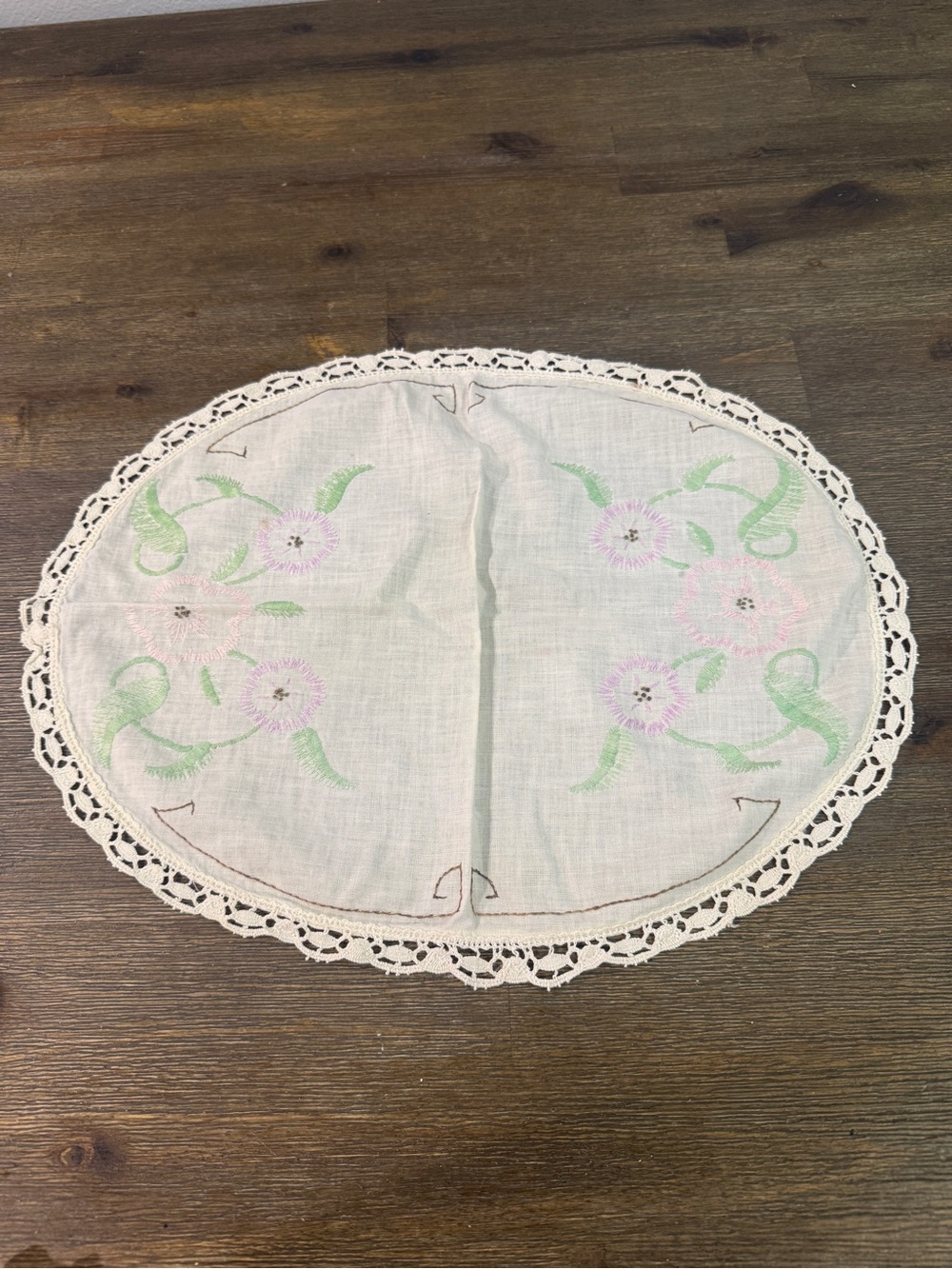 Hand-Embroidered White Floral Linen Doily with Crochet Edge